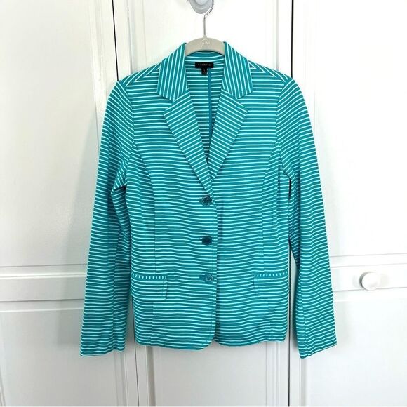 Talbots Cotton Blend Women's Spring Blazer Teal and White Striped Size Small EUC - Picture 1 of 7